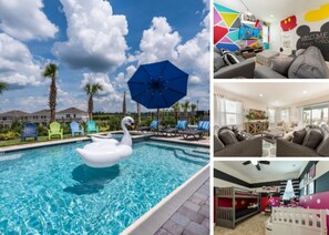 A swimming pool with a swan float and colorful chairs, a living room with a sofa and coffee table, and a child's bedroom with bunk beds. - Villa in Encore Resort at Reunion 3009 (Kissimmee)