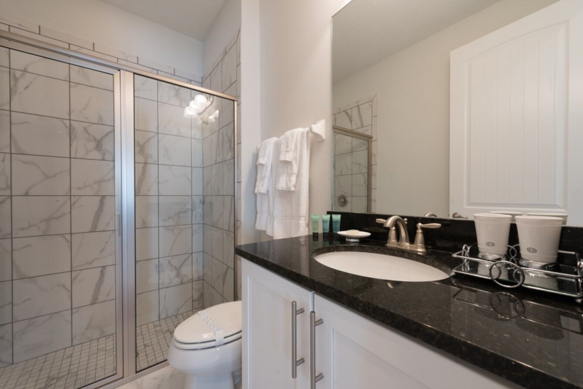 A bathroom with a glass shower enclosure, white toilet, and a black countertop with a sink and vanity.