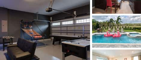 Una sala de estar moderna con una mesa de billar, un sofá y una mesa de ping pong.