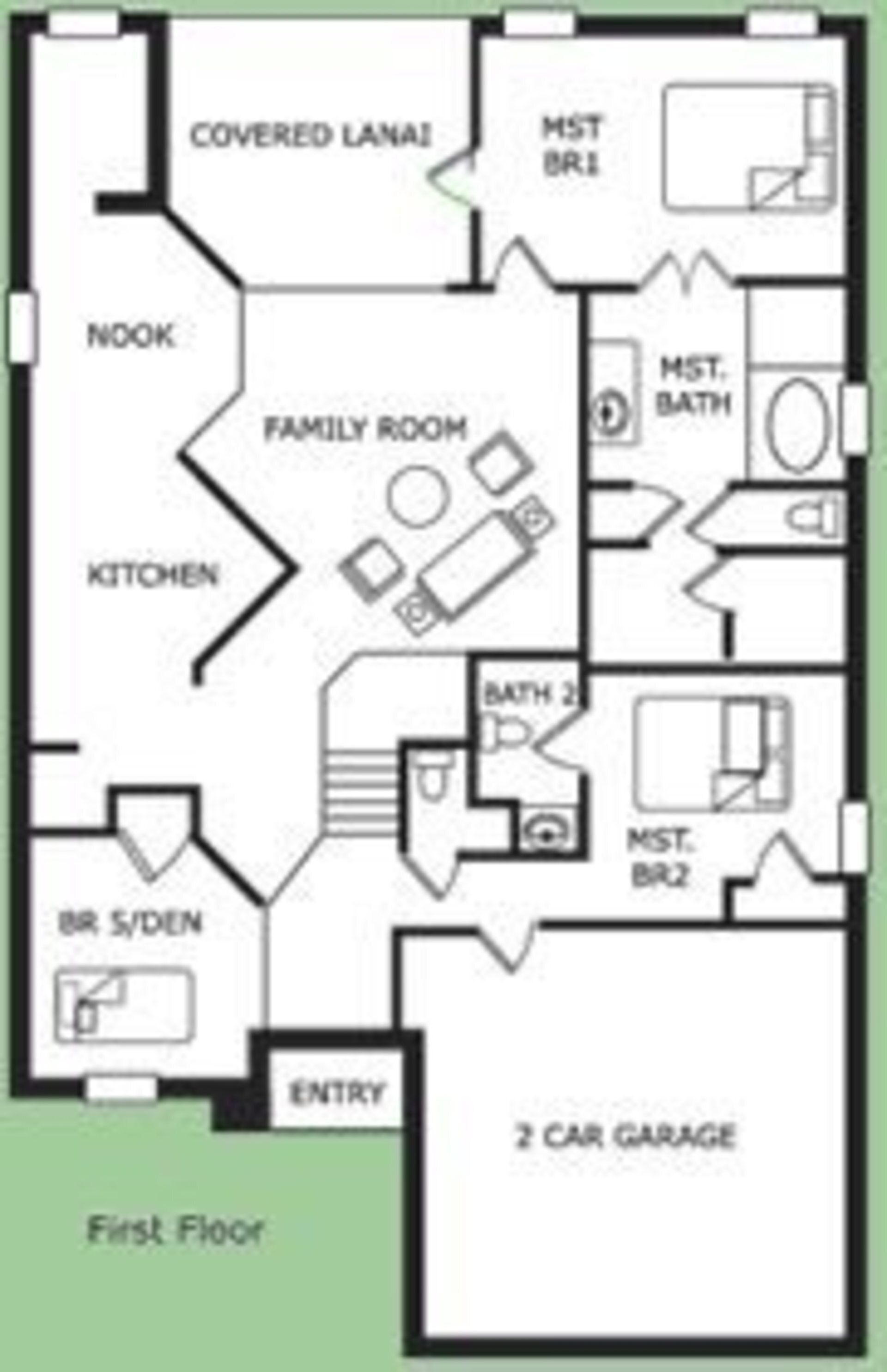 A first-floor floor plan with a covered lanai, family room, kitchen, two bathrooms, a 2-car garage, and a nook.