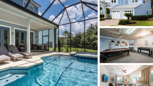 Una casa moderna con una amplia piscina cubierta por vidrio, un césped cuidado y una sala de estar acogedora con mesa de billar.