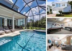 Ein modernes Haus mit einem großen, überdachten Pool, einem gepflegten Rasen und einem gemütlichen Wohnzimmer mit Billardtisch.