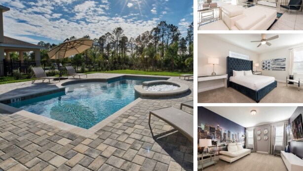 A swimming pool with lounge chairs, a bedroom with a bed and nightstand, and a living room with a sofa and coffee table. - Villa in Encore Resort at Reunion 2985 (Kissimmee)