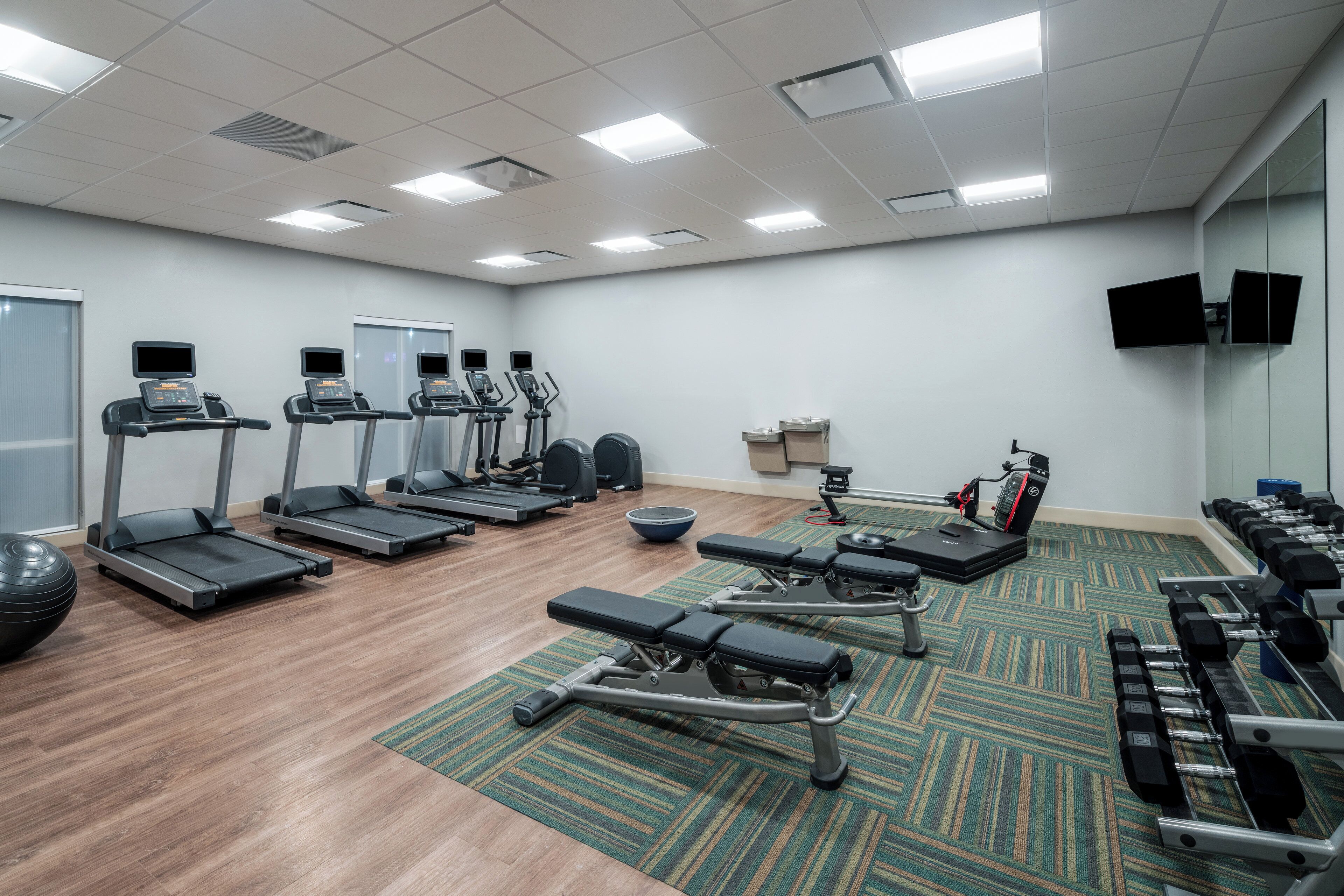 A gym with treadmills, elliptical machines, a bench press, and dumbbells.