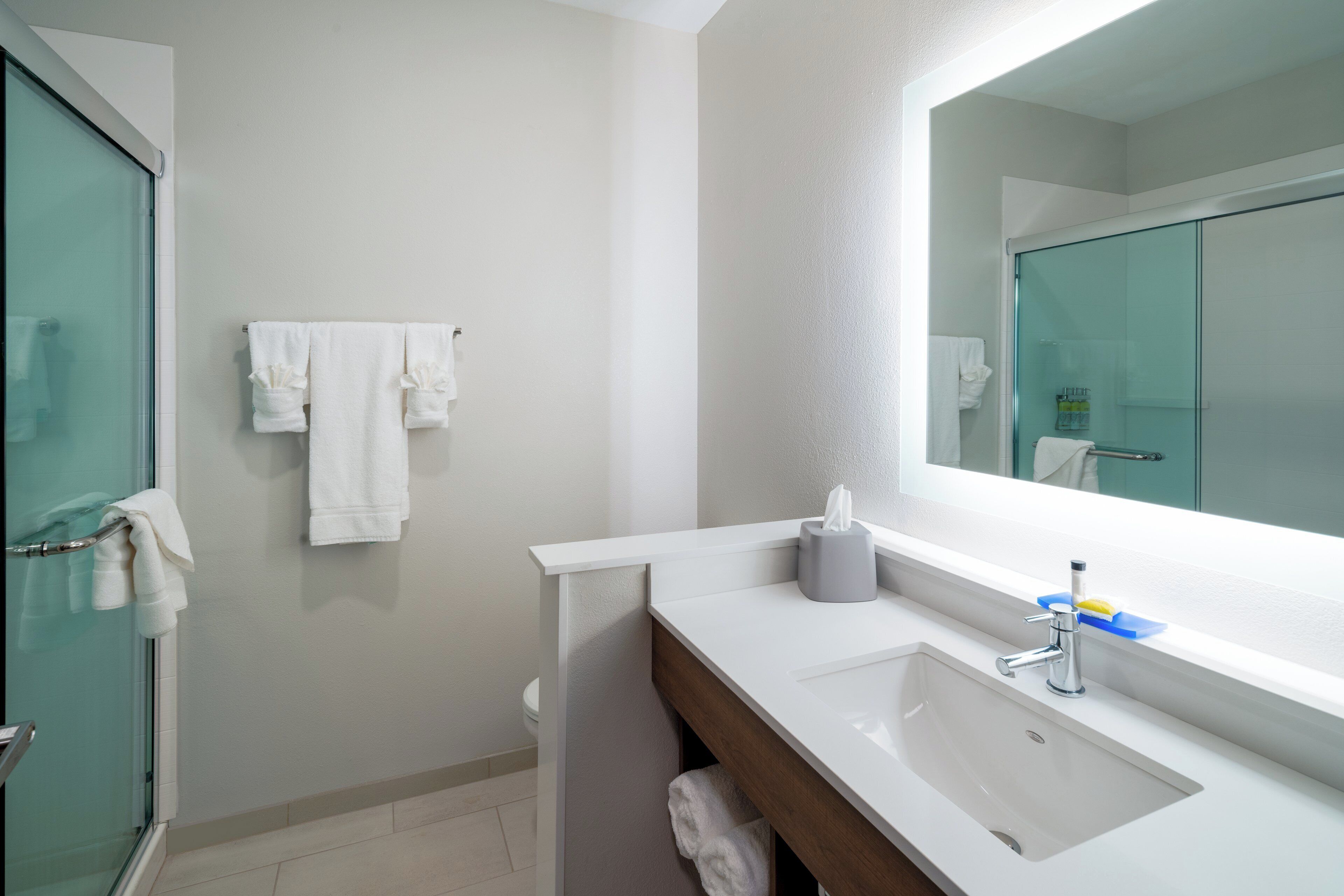 Une salle de bain moderne avec une douche à l’italienne en verre, un lavabo blanc avec un miroir au-dessus, et un porte-serviettes fixé au mur.