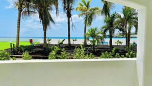 A view of a beach with palm trees and a clear sky. - Maho Beach Modern 1-Bedroom, Ocean Level (Maho)