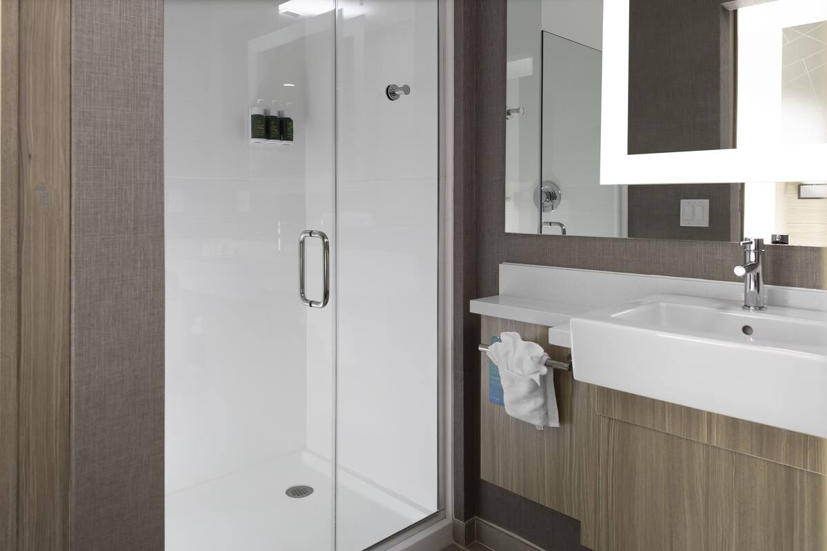 A modern bathroom with a glass shower enclosure, a white sink, and a mirror above the sink.