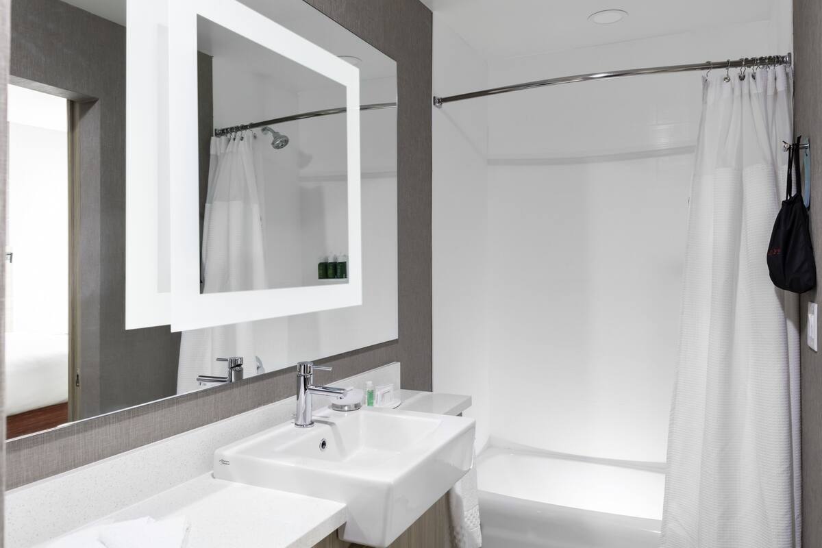 A modern bathroom with a large mirror, two sinks, a shower, and a bathtub.