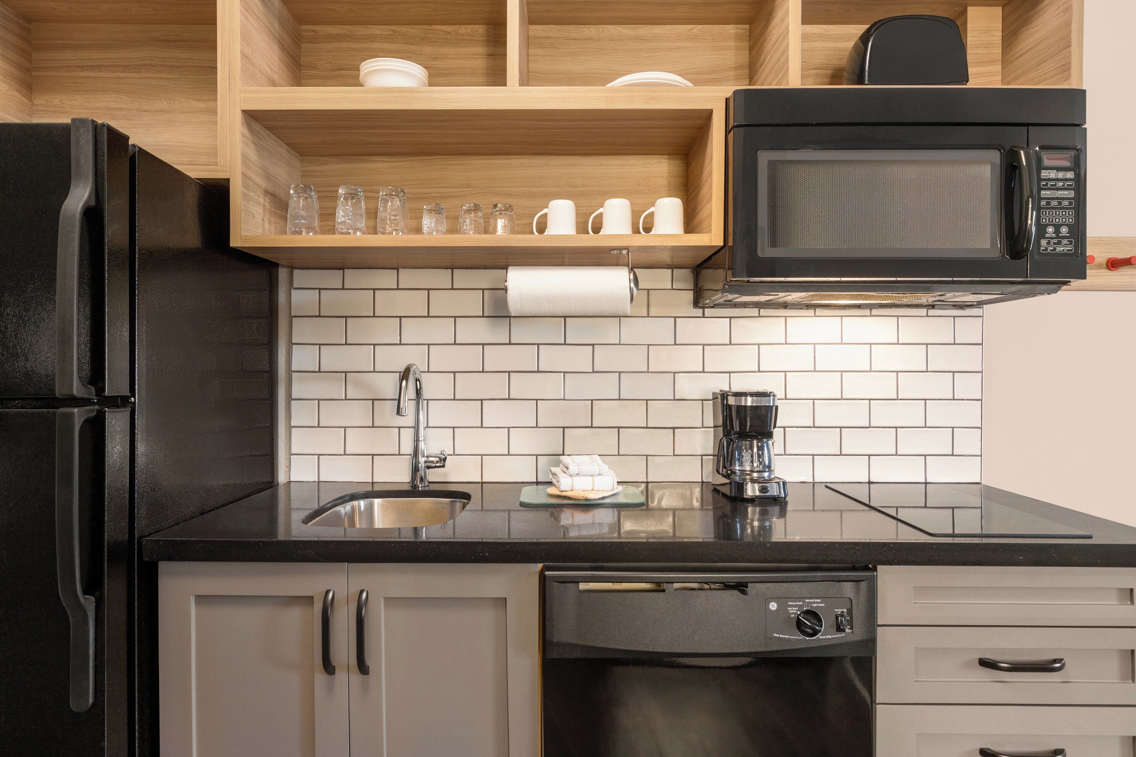 Desk, laptop workspace, blackout drapes, iron/ironing board