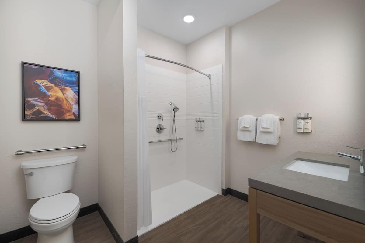 Een moderne badkamer met douche, toilet, wastafel en handdoekhouder.
