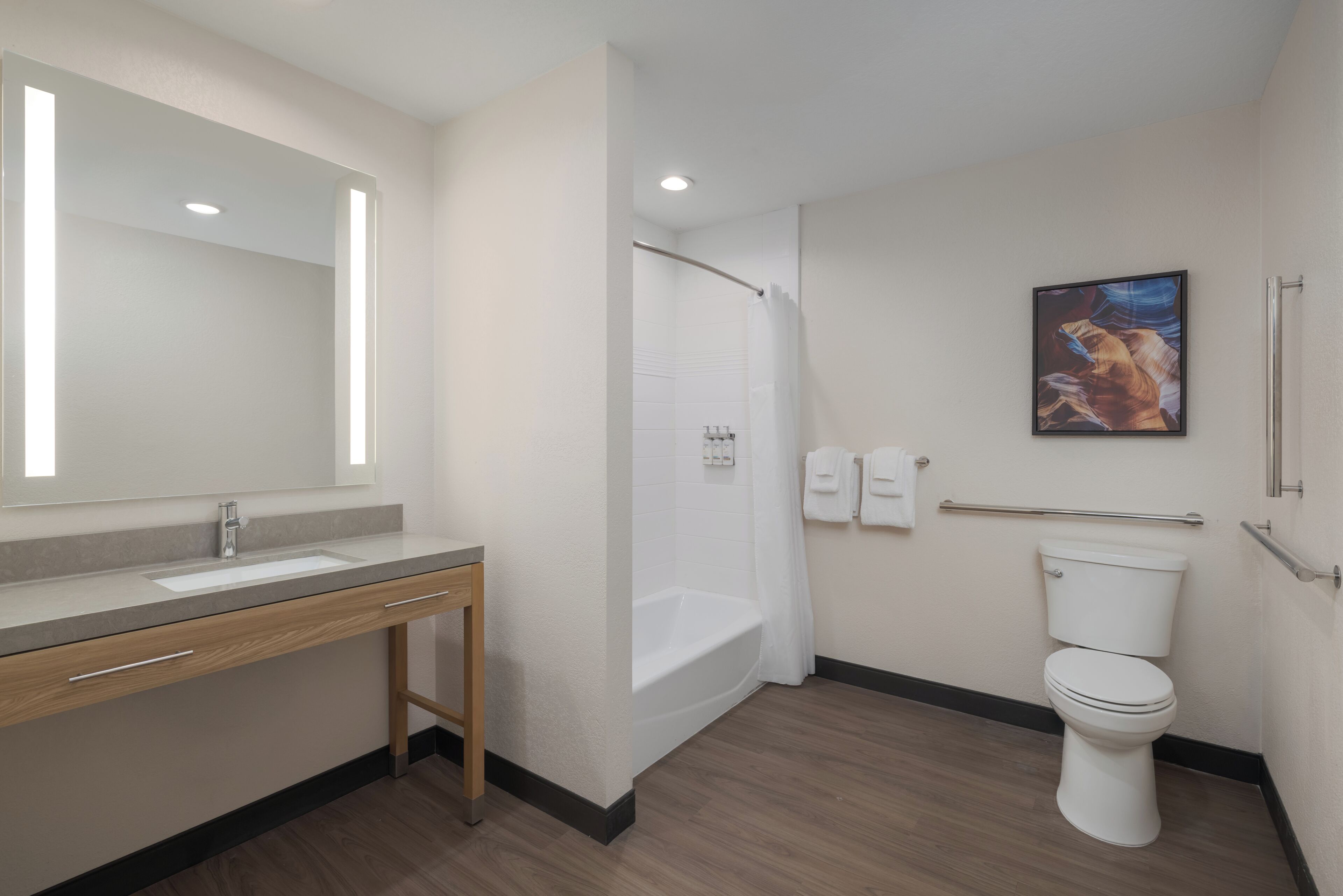 A bathroom with a sink, mirror, shower, toilet, and a framed picture on the wall.