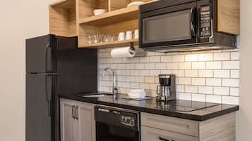 Desk, laptop workspace, blackout drapes, iron/ironing board