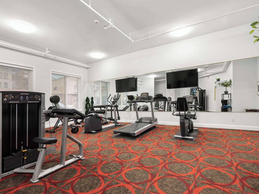 Un gimnasio con máquinas de cardio, equipo de pesas y un espejo grande.