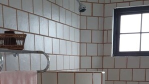 Une salle de bain avec des carreaux blancs et bruns, un espace douche, des toilettes avec du papier toilette et une fenêtre.
