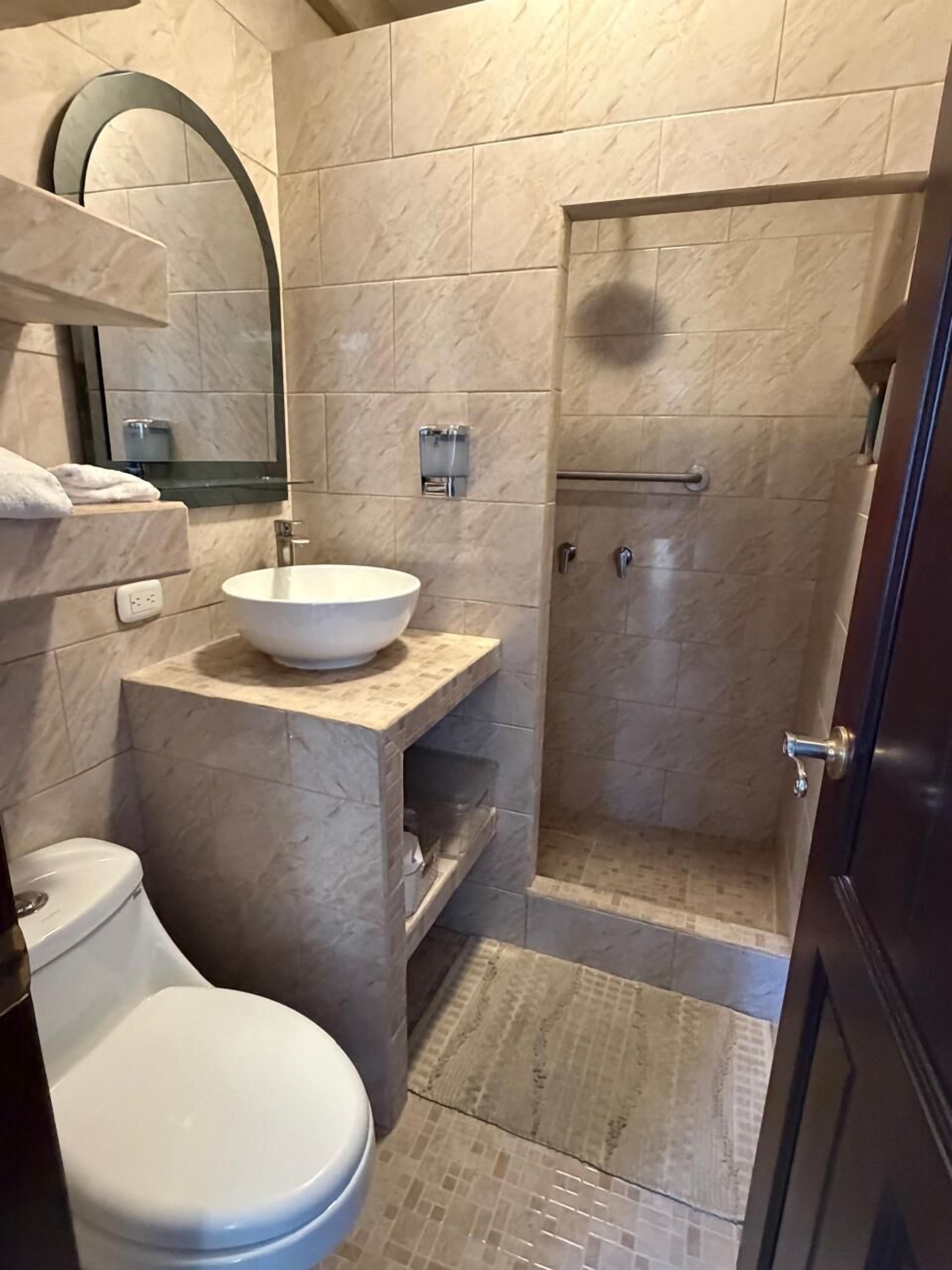 Hair dryer, towels, soap, shampoo