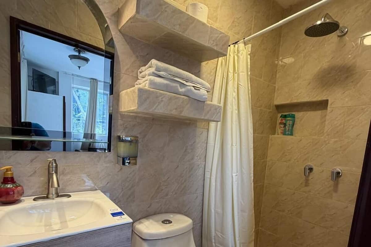 Hair dryer, towels, soap, shampoo