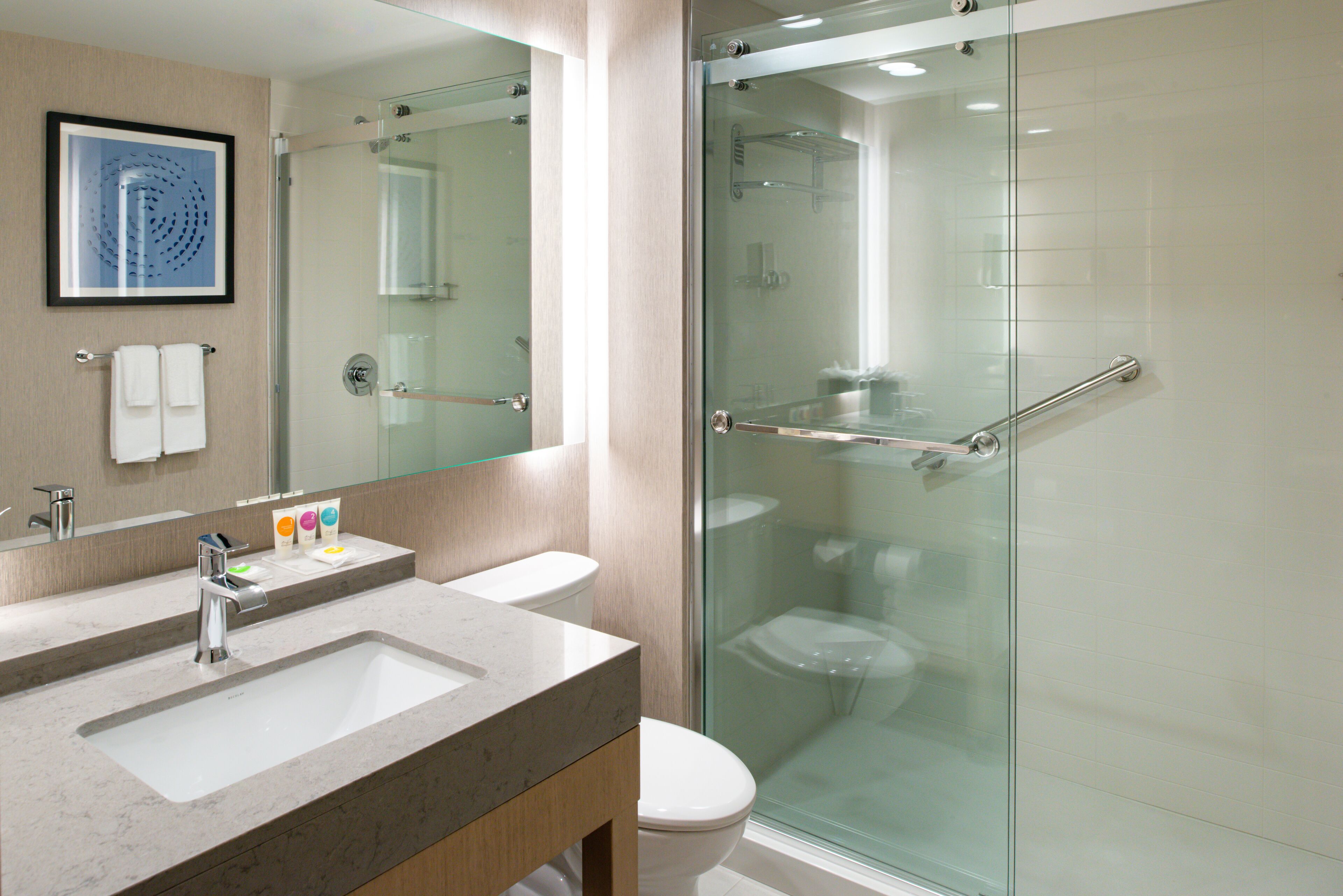 combined shower/bathtub, designer toiletries, hair dryer, towels