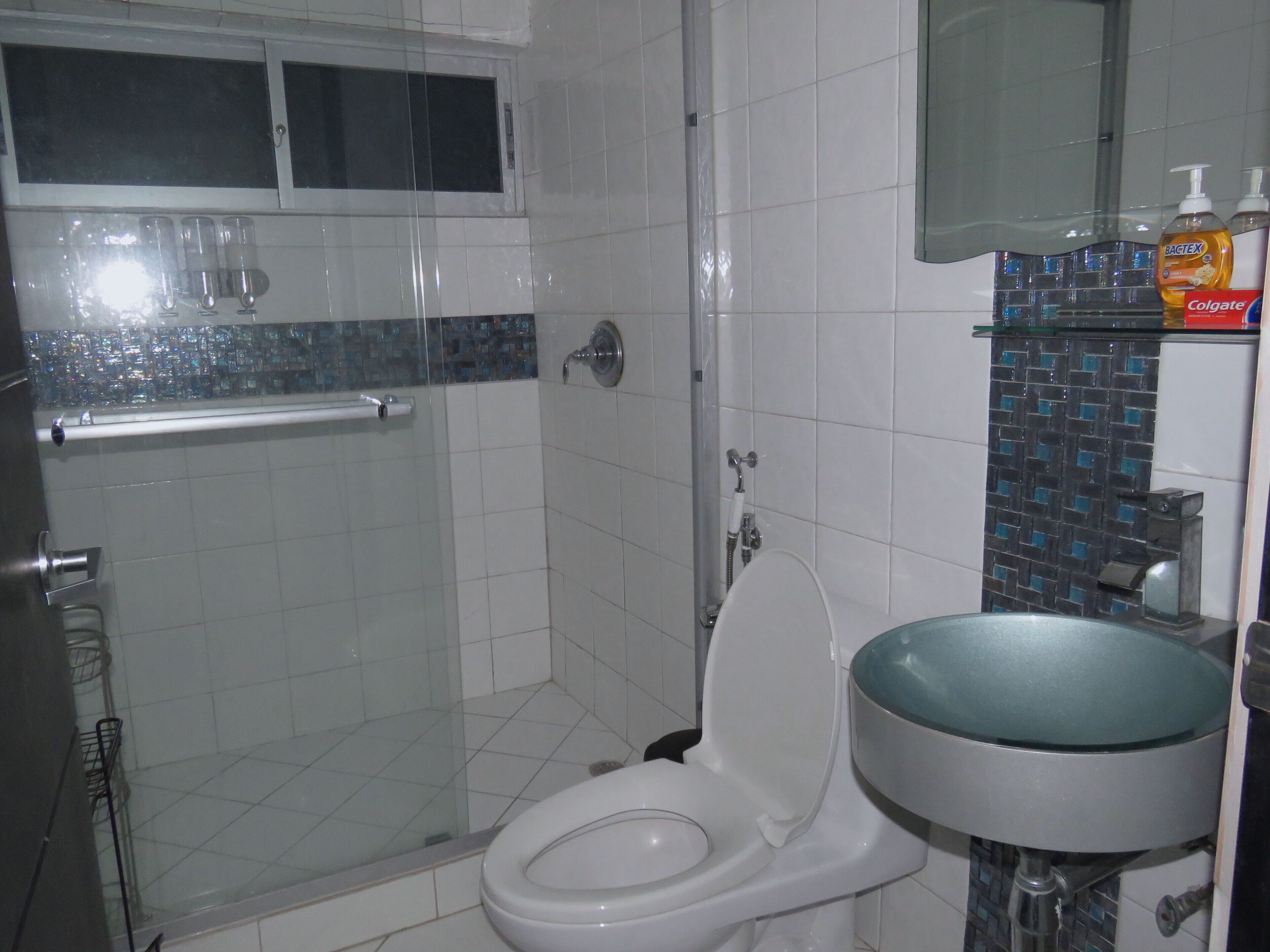 family studio | bathroom | shower, towels, soap, shampoo