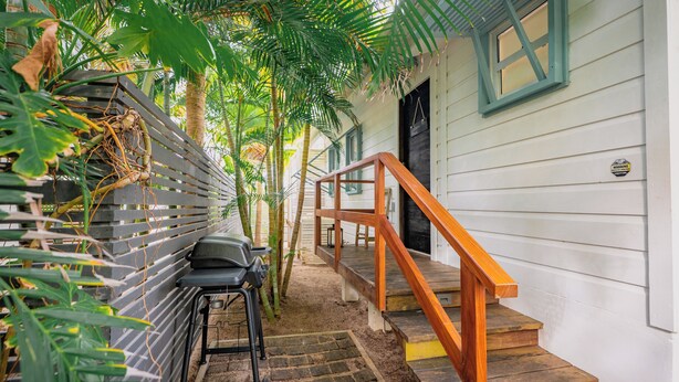 A wooden staircase leading to a house with a porch, surrounded by lush greenery. - OHANA WATA cabana, BEACHFRONT luxury, privacy, view & space IN the village ! (Placencia)