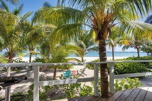 A wooden deck with a railing, overlooking a beach with palm trees and a clear blue sky. - OHANA WATA cabana, BEACHFRONT luxury, privacy, view & space IN the village ! (Placencia)