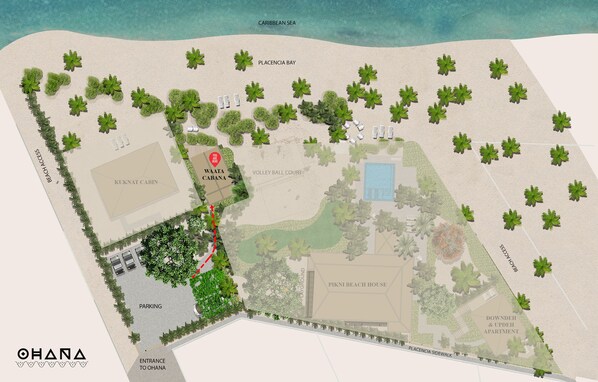 Distribución de un resort frente a la playa, con acceso directo a la arena, estacionamiento, cancha de voleibol y piscina.
