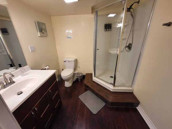 A modern bathroom with a glass-enclosed shower, a white sink, and a toilet.