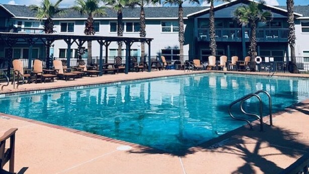 A swimming pool with lounge chairs and palm trees, surrounded by a building with multiple balconies.