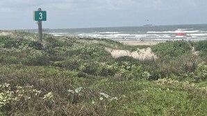 A beach with a sign indicating a number, waves in the ocean, and a ship in the distance.