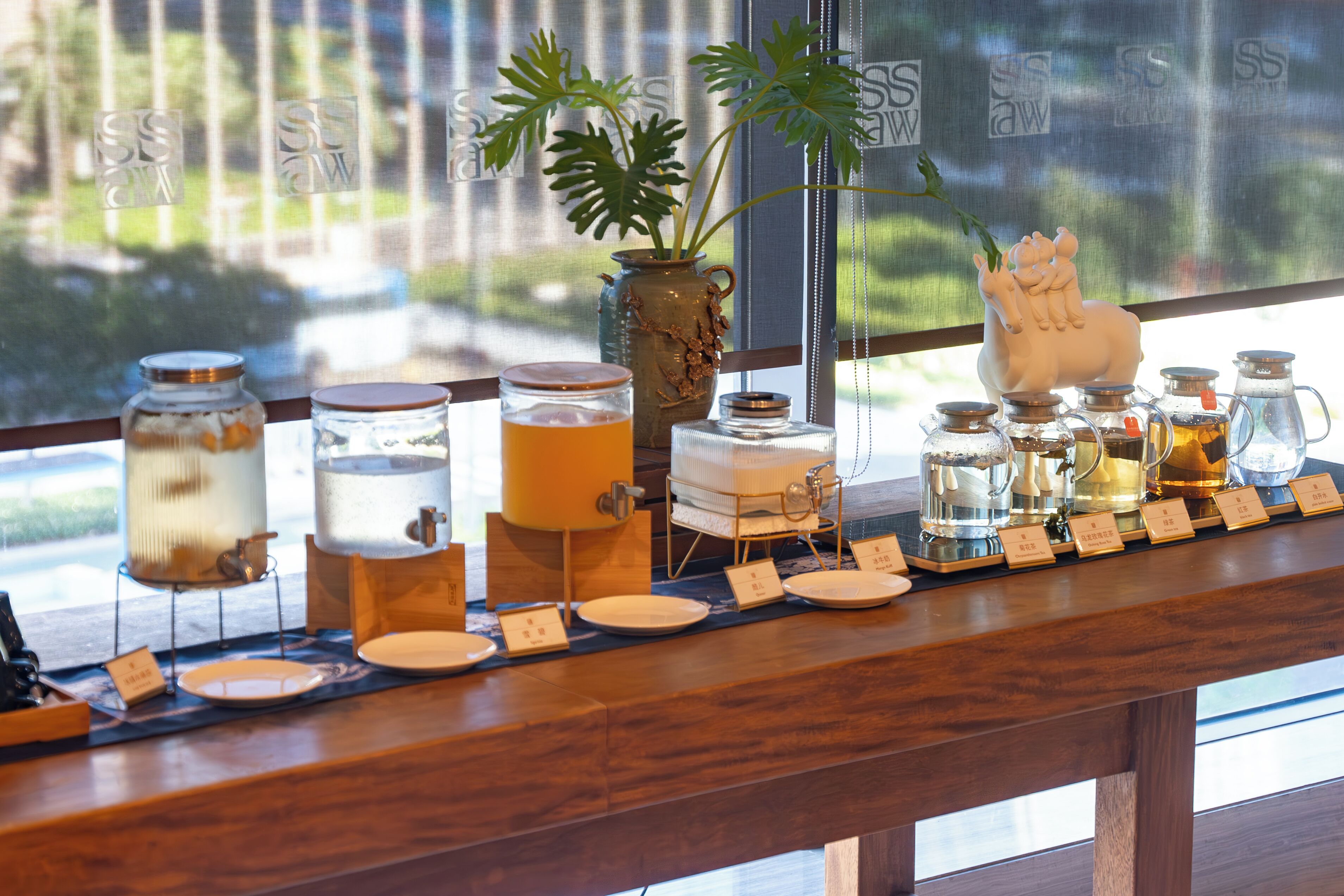 A bar area with various drink dispensers and a decorative plant.