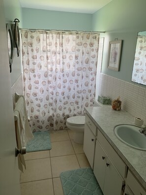 Combined shower/bathtub, hair dryer, towels, soap