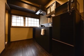 Private Vacation Home | Private kitchen | Fridge, microwave, stovetop, electric kettle - Rinn Premium Machiya Townhouse Koki (Kyoto)