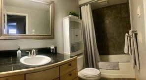 Hair dryer, towels, soap, shampoo