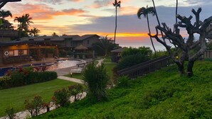 A resort with a pool, palm trees, and a sunset view.