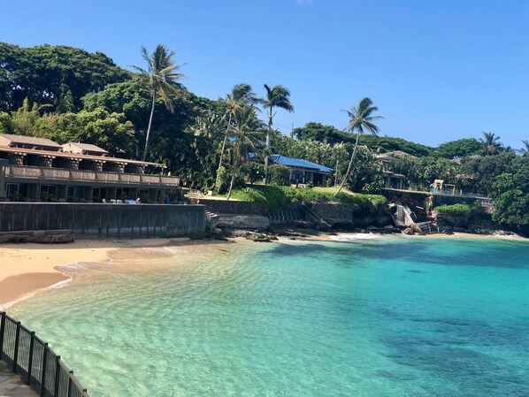 On the beach, sun loungers, beach towels