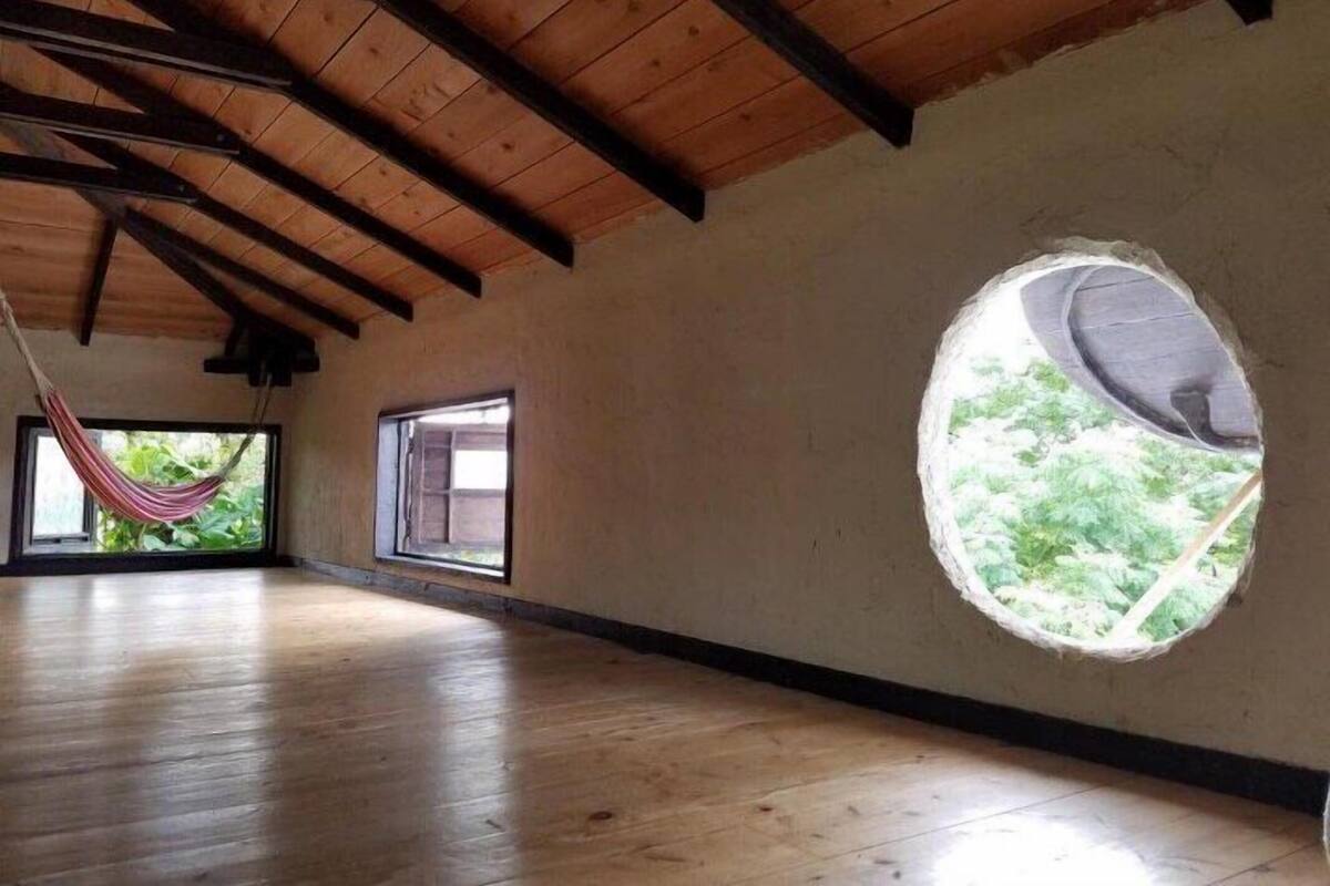 A spacious room with wooden flooring, a hammock, and large windows offering views of greenery.