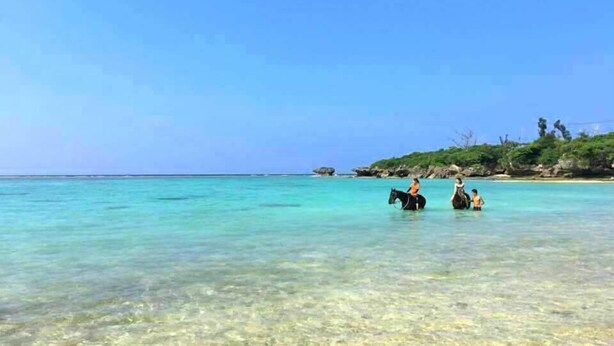 Uma cena de praia com águas azul-turquesa cristalinas e uma costa rochosa.