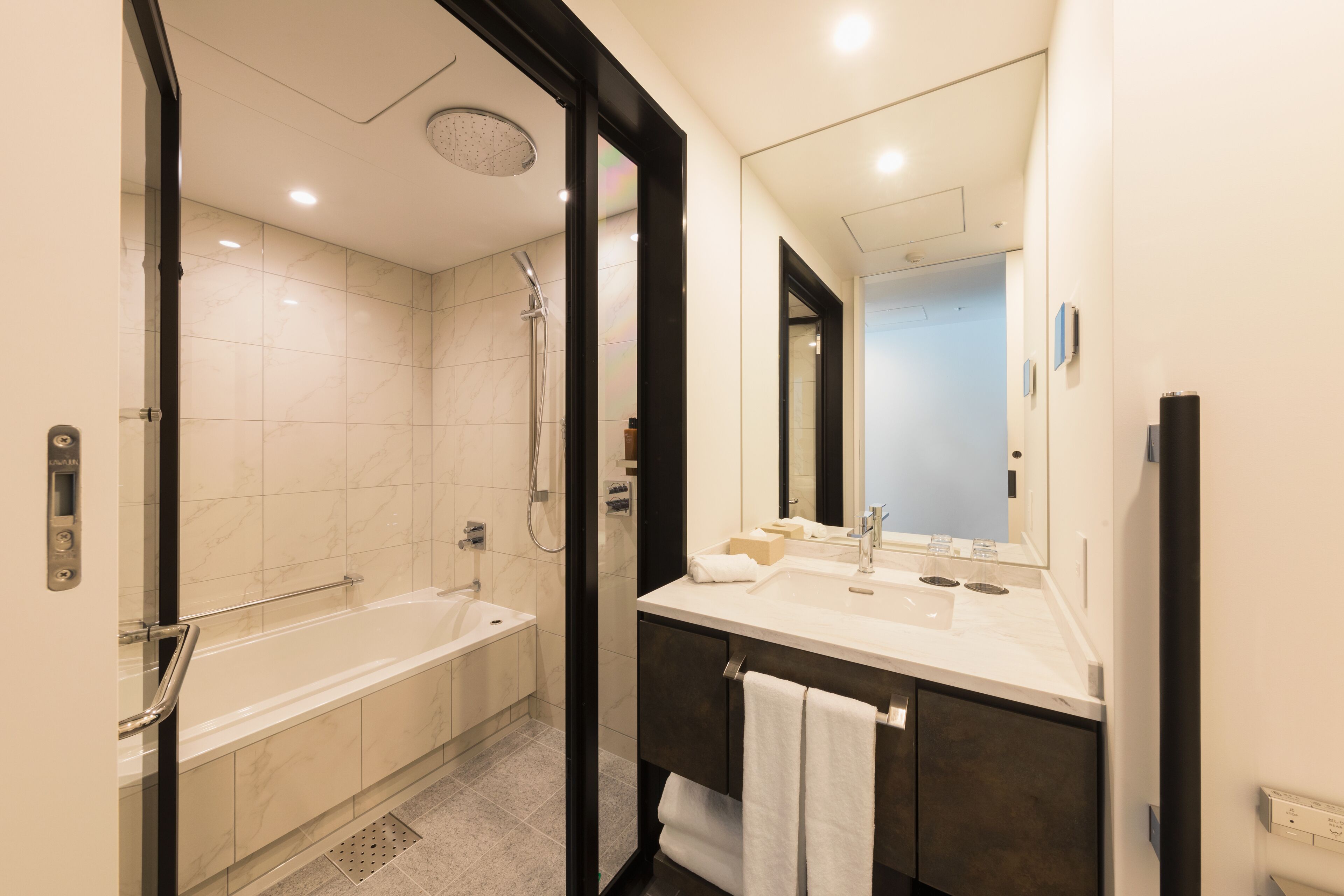 separate bathtub and shower, rainfall showerhead, free toiletries