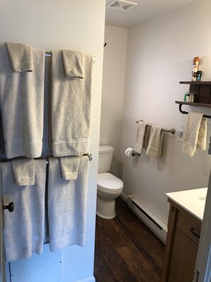 Chuveiro/banheira combinados, secador de cabelo, toalhas de banho 