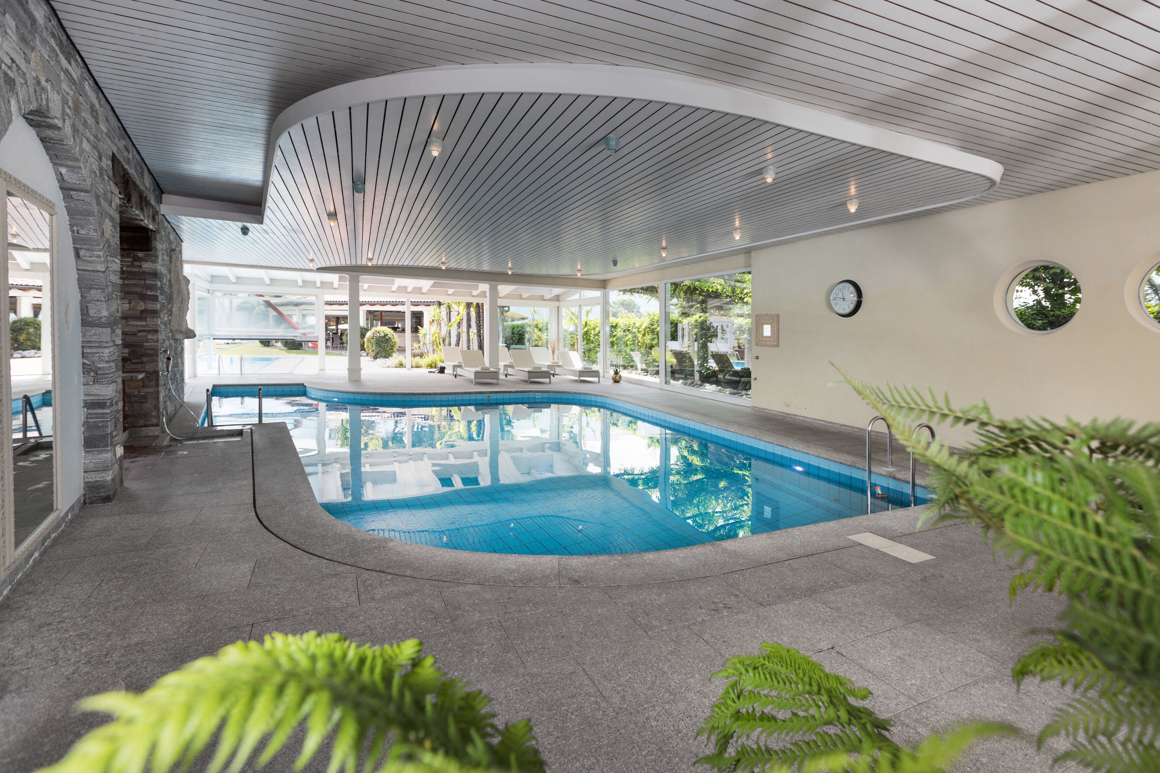 An indoor swimming pool with a curved design, surrounded by lounge chairs and potted plants.