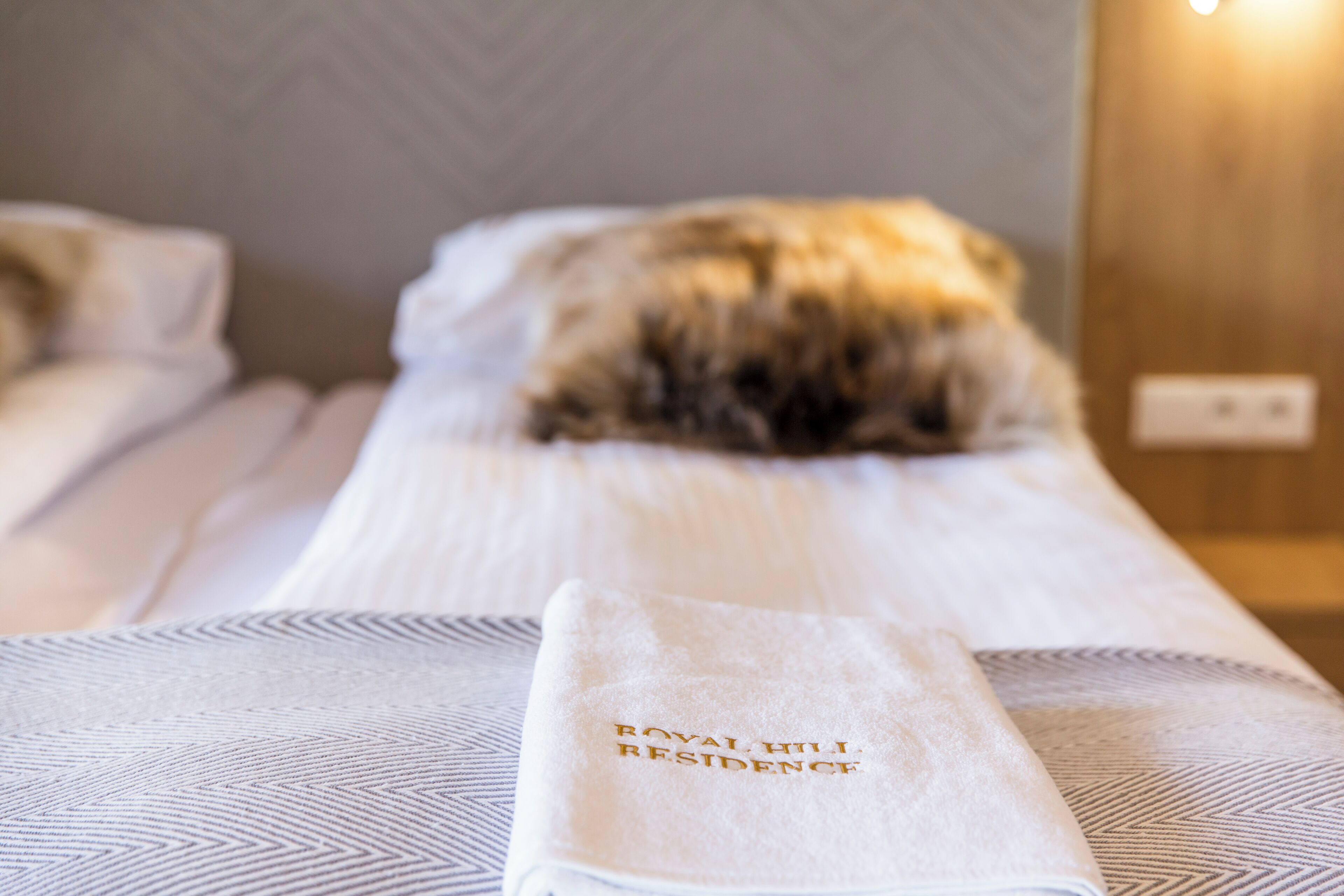 A bed with a towel labeled "Royal Hill Residence" and a fluffy dog lying on it.