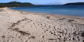 A beach with footprints and seaweed, a calm sea, and distant hills. - The Terrace on the Ramparts (Alghero)