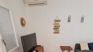 Un soggiorno con televisore su un mobile in legno, un divano grigio, un tavolino di legno e un condizionatore d'aria fissato al muro.