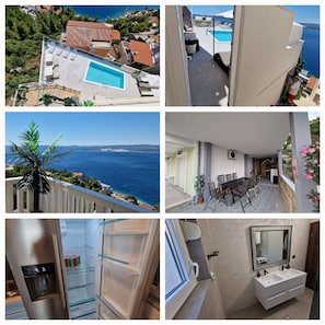 Enjoy stunning views of the surrounding area and beach from the pool and balcony.