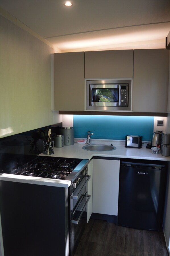 A compact kitchen with a gas stove, oven, microwave, and dishwasher.