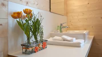 Shower, hair dryer, bathrobes, towels