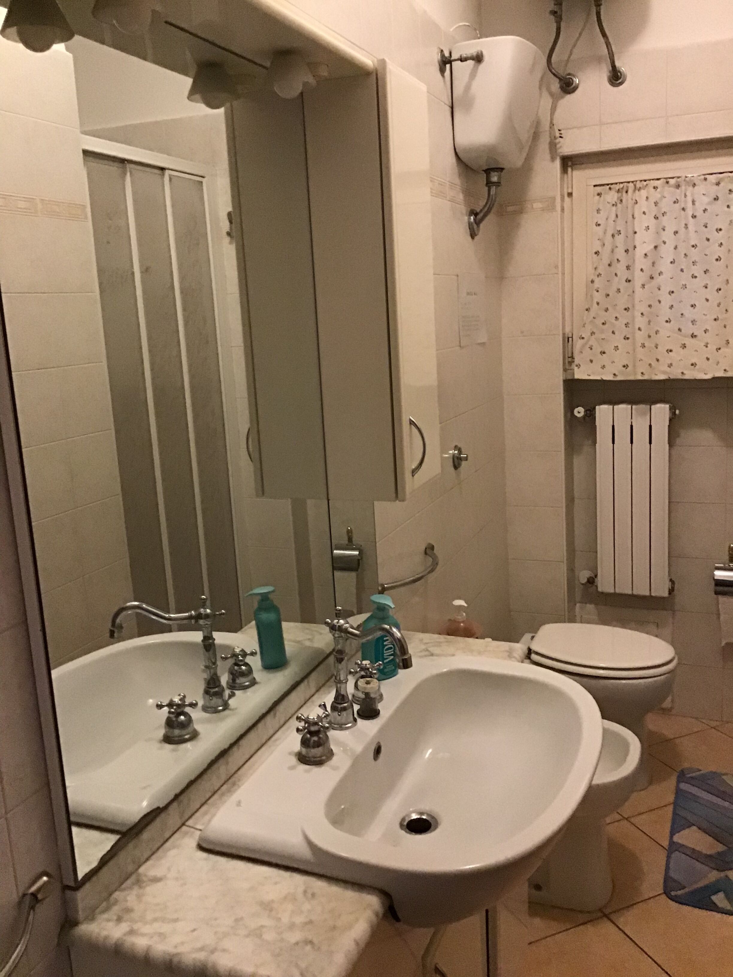 A bathroom with a sink, mirror, toilet, and a shower area.