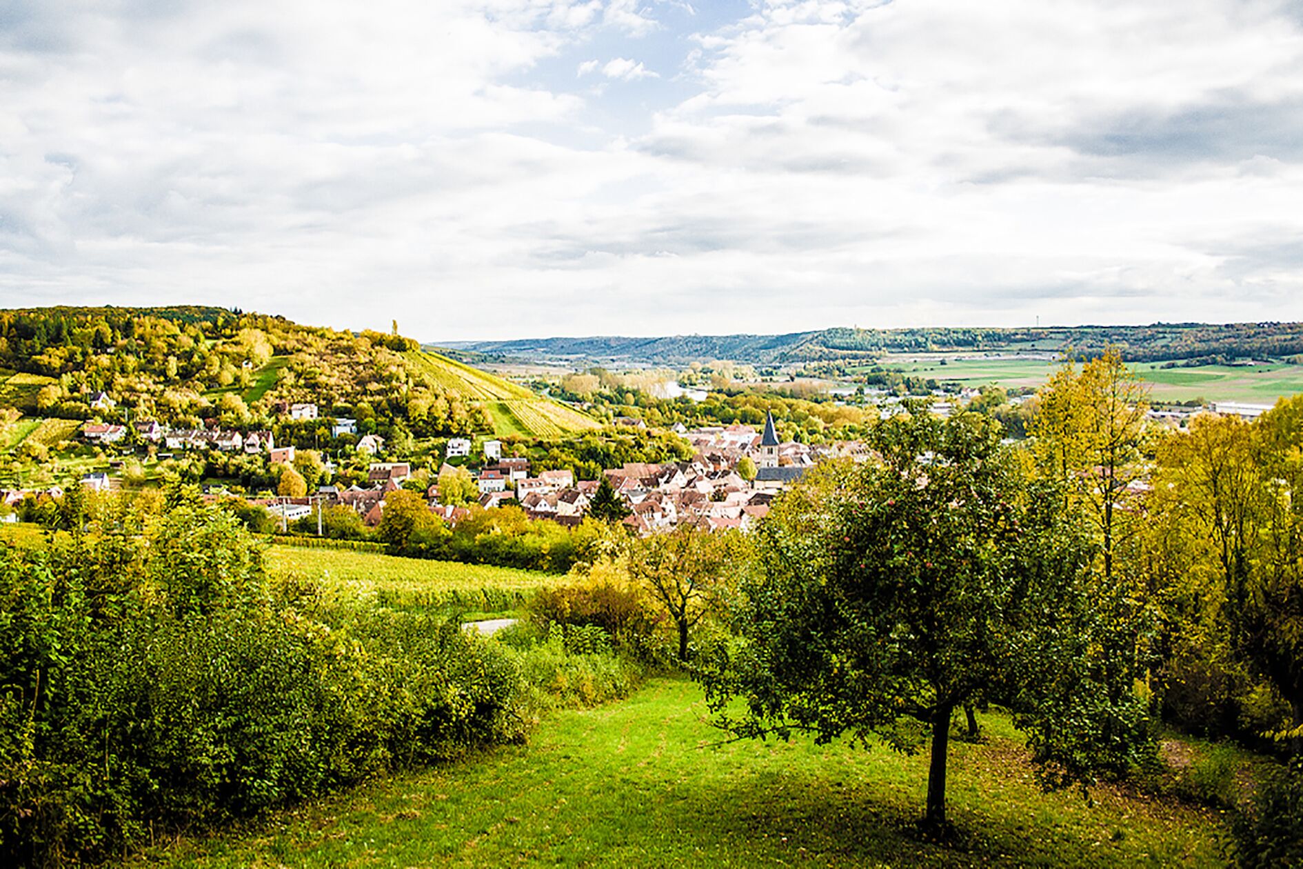 A rural village with houses on a hillside, surrounded by greenery and fields.