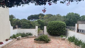 A courtyard with a brick floor, surrounded by white walls and a metal fence. There are various plants and a large bush in the center. - Casa da Ermida near the beach and golf course (Budens)