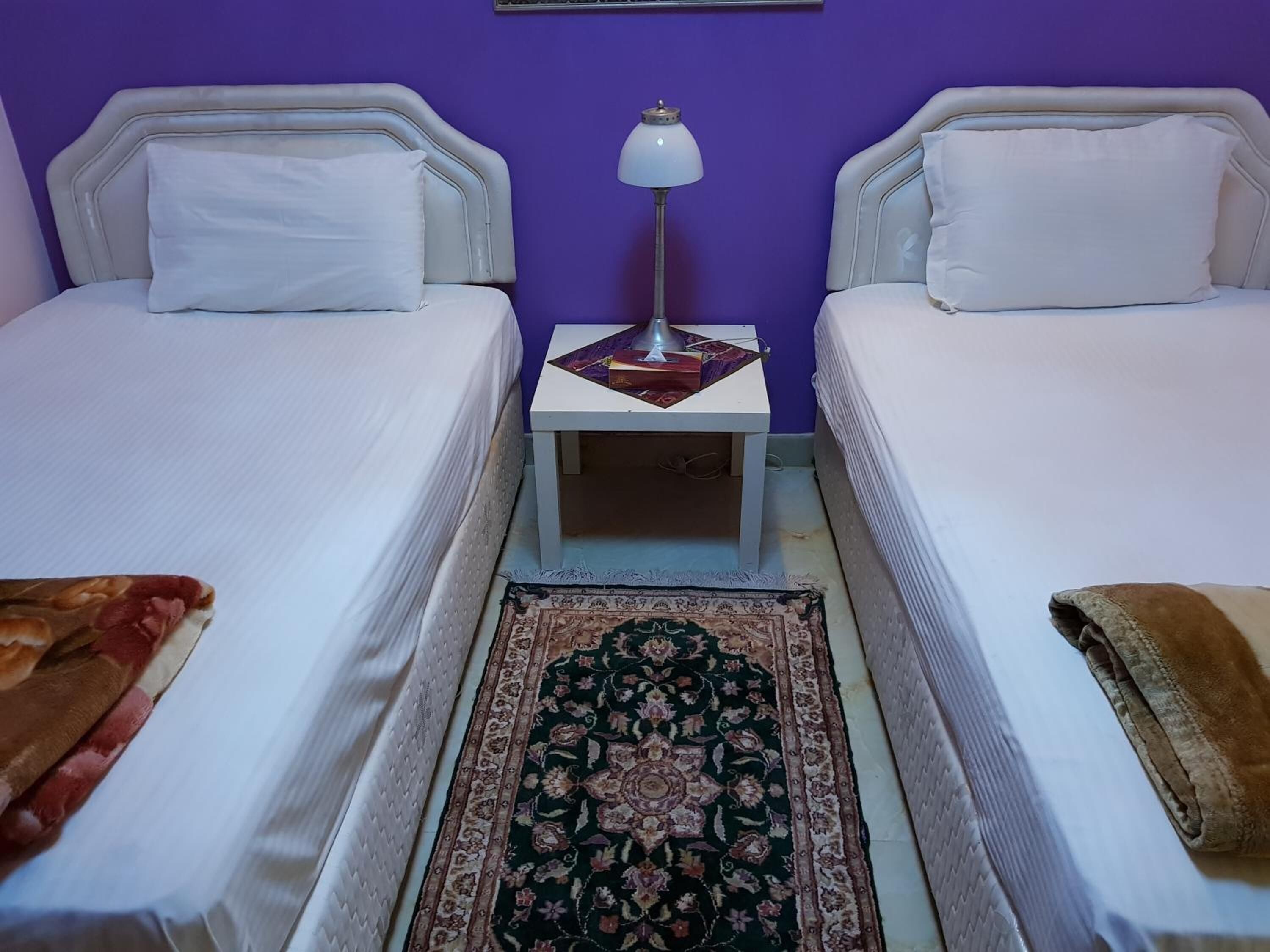 Una habitación con dos camas, una mesita de noche con lámpara y una alfombra estampada.