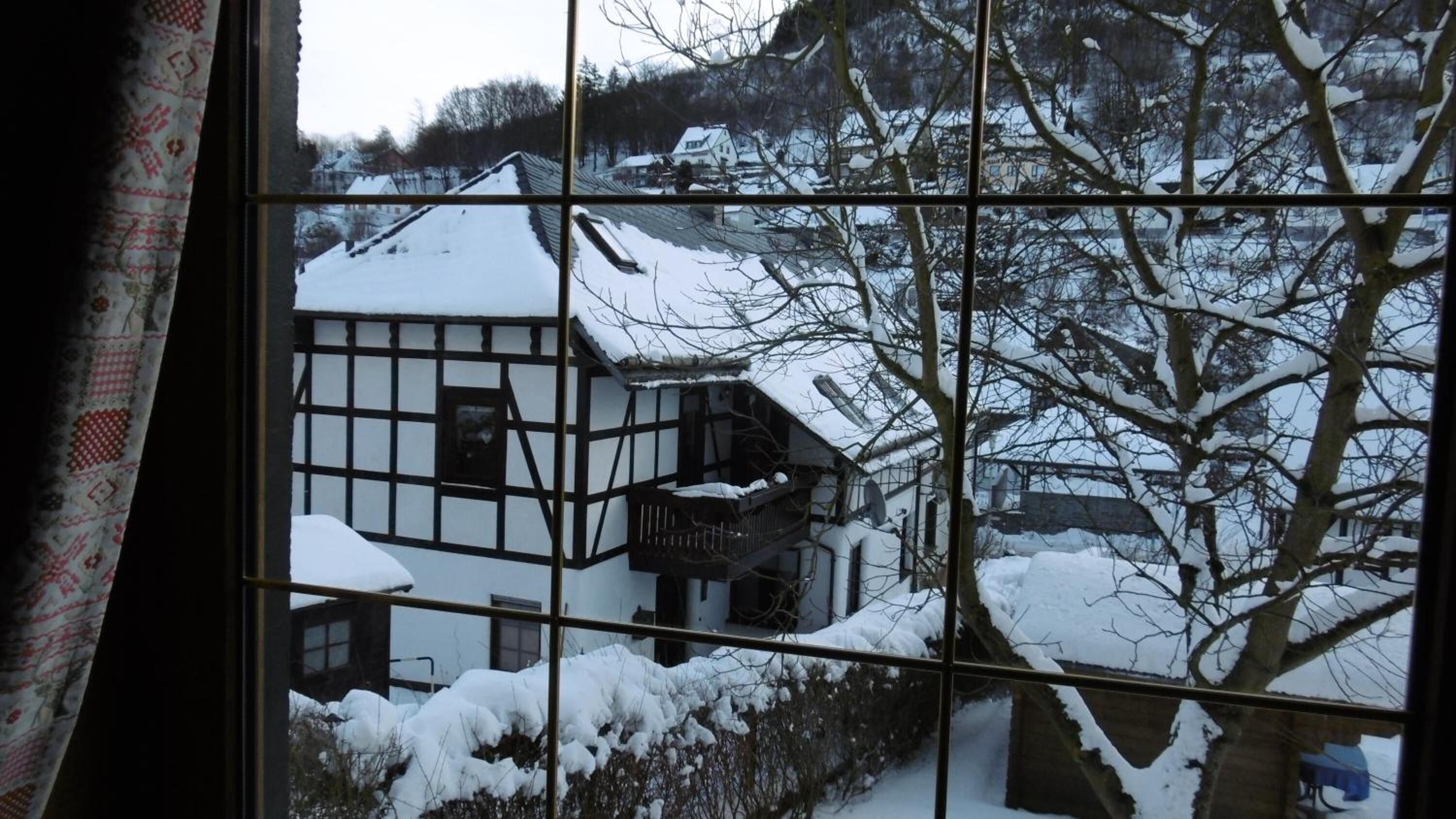 A traditional half-timbered house with snow-covered surroundings, viewed through a window with a grid pattern.